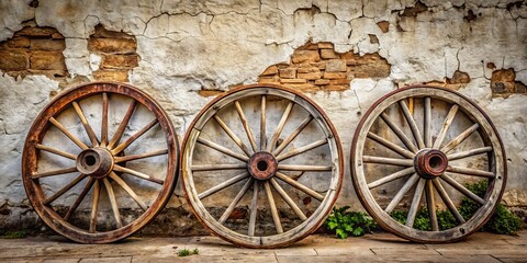 Obraz premium Weathered wagon wheels, worn smooth by seasons, lean against a wall with peeling paint, a nostalgic whisper of