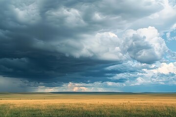 Fototapeta premium A vast prairie landscape under a dramatic sky filled with dark and light clouds, showcasing nature's beauty and tranquility.
