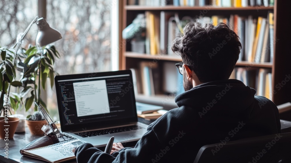 Poster focused programmer working on laptop in home office