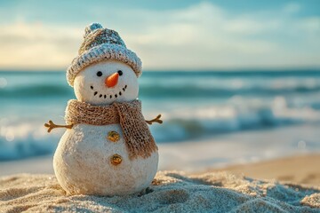 Snowman figurine made of sand with ocean in background, tropical beach Christmas travel concept
