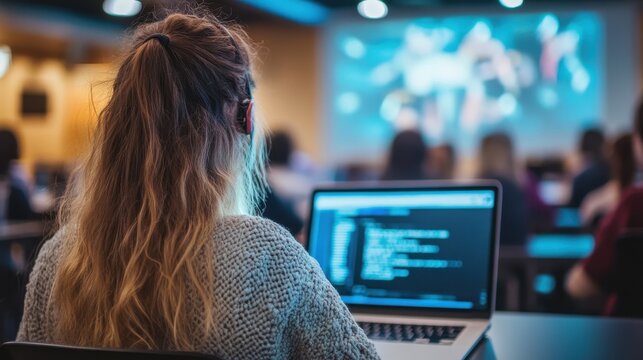 Woman Coding at a Tech Conference