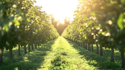 Naklejka premium Rows of apple trees in a large orchard, no people, and copy space available