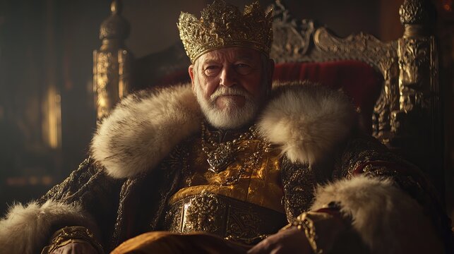 Gaspar, a wise man dressed in a lavish royal outfit with gold details and fur, sits regally in a dimly lit setting.