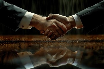 Two businessmen shake hands over a table, symbolizing a successful agreement. The reflection of the handshake emphasizes unity and partnership.