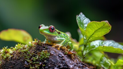 Obraz premium A tight shot of a frog perched on a tree limb A nearby plant dominates the foreground, while the background subtly blurs
