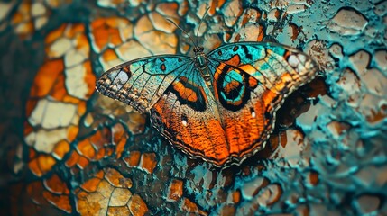  A tight shot of a butterfly on a glass surface, with water droplets on its wings and behind them