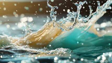  A tight shot of water splashing on a body of water's surface, with a yellow object prominently situated in the foreground