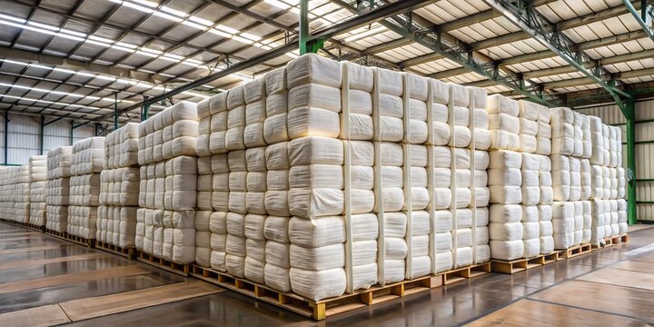 Wrapped cotton stacks, rectangular and tidy, stand at attention in a warehouse, awaiting transportation or storage, a