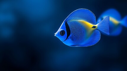  A tight shot of a blue-yellow fish against a black backdrop, with its background subtly blurred