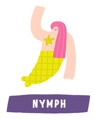 Learn pirate objects flashcard. Learning English words for kids. Cute hand drawn doodle educational card with nymph, nixie, water fish woman. Preschool marine life learning material