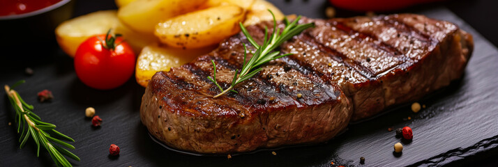 Steaks. Delicious steak served with pasta and potatoes