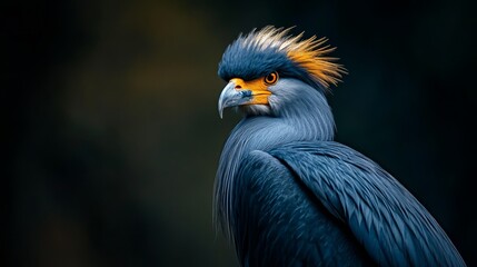 Obraz premium A detailed view of a blue bird wearing a yellow beak or diadem and an orange band around its head