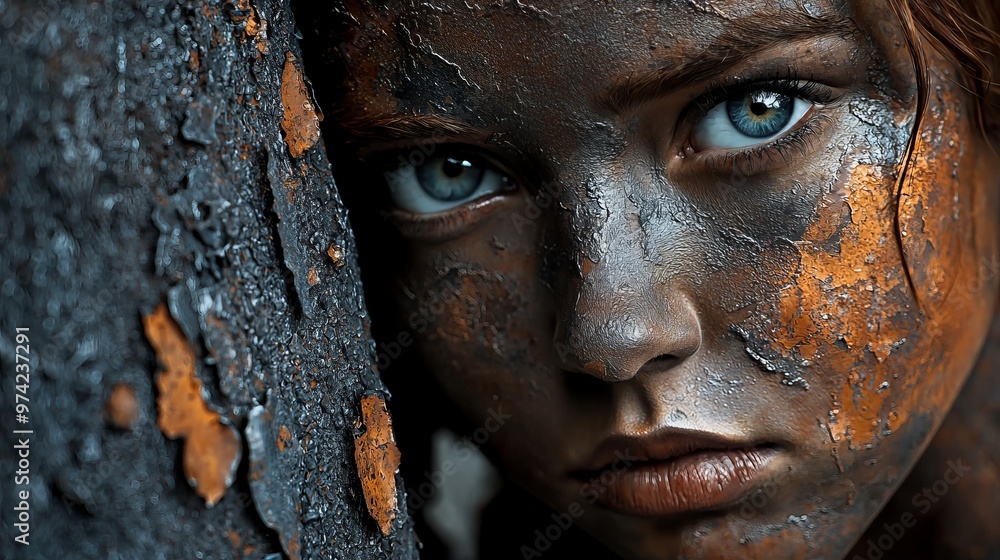 Wall mural a woman's face, closely framed, is smeared with mud before her stands a tree trunk