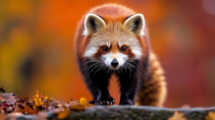 Obraz premium A tight shot of a raccoon on a tree limb, surrounded by autumn leaves in the foreground, and a soft, indistinct backdrop