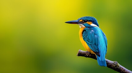  A blue-and-yellow bird perches on a tree branch against a green and yellow blurred backdrop