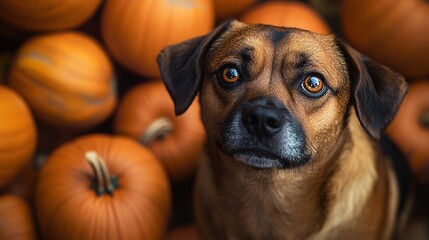 A dog with pumpkins