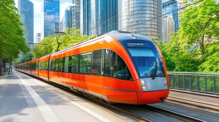 Obraz premium Modern electric trains speeding through vibrant urban cityscape.