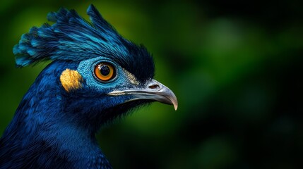 Fototapeta premium A tight shot of a blue bird with a yellow beak spot and a green leaf backdrop