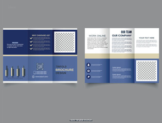 Simple blue trifold brochure. Vector illustration. Geometric trifold brochure.