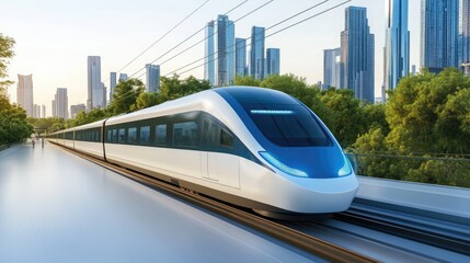 Naklejka premium Modern electric trains speeding through vibrant urban cityscape.