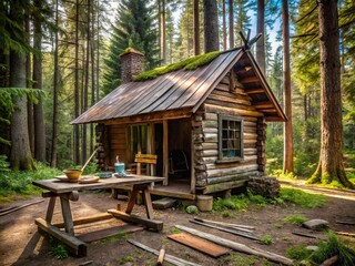 Rustic log cabin surrounded by towering trees, with a wooden porch and a worn drawing table with pencils