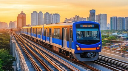 Fototapeta premium Modern electric trains speeding through vibrant urban cityscape.