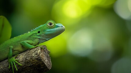 Naklejka premium A tight shot of a green lizard perched on a tree branch against a hazy backdrop of greenery - trees and leaves