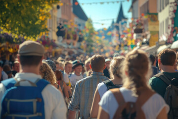 A crowded festival street scene with people walking and interacting under bright sunny skies, surrounded by decorated stalls and festive banners, creating a vibrant atmosphere of joy.