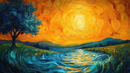 Vibrant Oil Painting of Sunset Over a River Generative AI