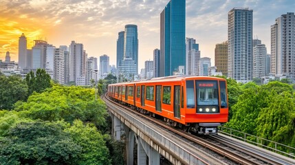 Obraz premium Modern electric trains speeding through vibrant urban cityscape.