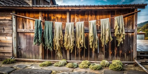Rustic, weathered iron nori dryer stands against a worn wooden wall, adorned with drying seaweed sheets, evoking a