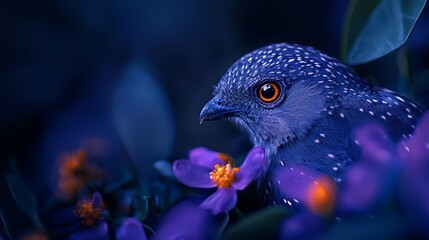  A tight shot of a bird holding a flower against a backdrop of leafy and bloomed foliage
