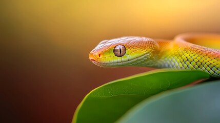 Fototapeta premium A tight shot of a yellow and orange snake coiled on a green leaf, surrounded by a softly blurred background