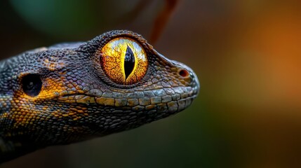 Fototapeta premium A tight shot of a lizard's eye, softly focused, with a tree and a blurred background