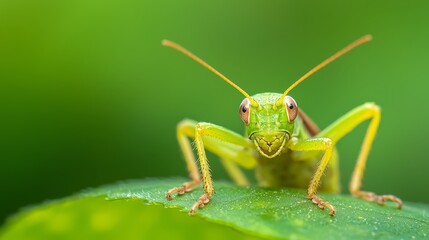  A macropterous grasshopper perched on a verdant leaf, adorned with water beads on its elytra and teardrop-shaped eyes