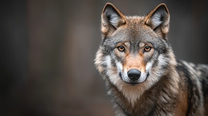  A tight shot of a wolf's expressive face gazing into the lens, surrounded by an out-of-focus backdrop of trees