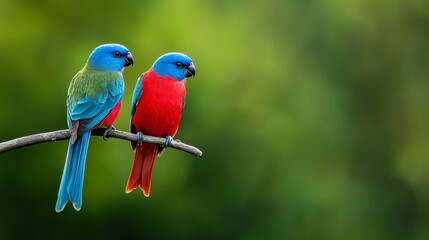 Obraz premium Colorful birds perch on tree branch against hazy green backdrop, featuring a nearby foreground tree limb