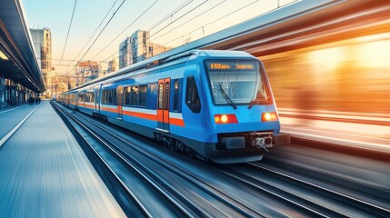 Naklejka premium Modern electric trains speeding through vibrant urban cityscape.