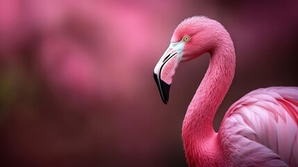 Fototapeta premium A pink flamingo faces sideways, beak agape against a blurred backdrop