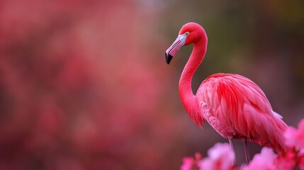  A pink flamingo posed in a pink flower field, contrasting against a softly blurred backdrop