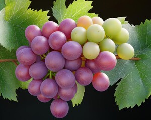 Fresh bunch of grapes showcasing a mix of purple and green varieties with lush green leaves. Perfect for food-related themes.