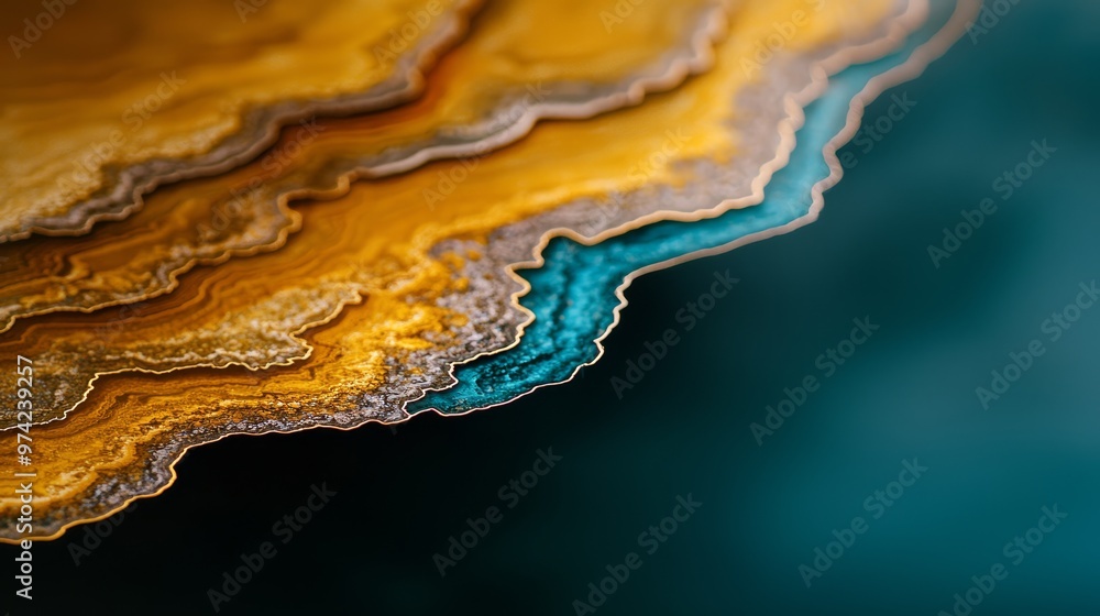 Poster a detailed view of an artwork featuring a glass-like depiction of gold, blue, and green hues