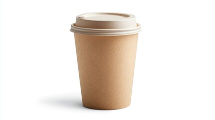 A single, brown paper coffee cup with a white lid is isolated on a white background. The cup is a standard size for takeout coffee.