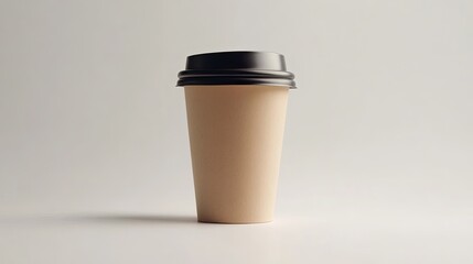 A single, brown, disposable coffee cup with a black lid sits on a plain white background.