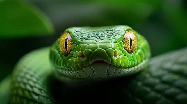  A tight shot of a green snake's head, adorned with yellow eyes, against a backdrop of a solitary green leaf