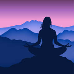 Silhouette of a woman meditating in the mountains 