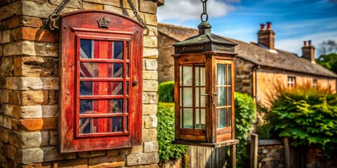 Naklejka premium Rustic wooden sign with distressed Union Jack flag design hangs from a vintage metal lantern on a classic