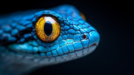 Fototapeta premium A tight shot of a blue snake's eye against a black backdrop, intricately detailed with yellow and blue markings on its body