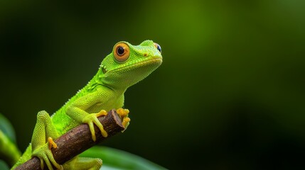 Fototapeta premium A tight shot of a green lizard perched on a tree branch against softly blurred green foliage background