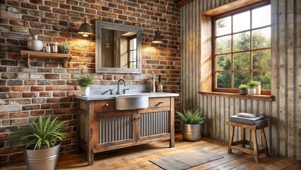Rustic wooden vanity with galvanized metal sink and vintage fixtures adorns a serene farmhouse bathroom with brick